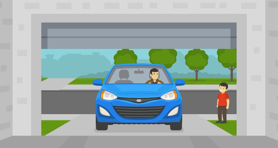 Graphic of a resident driving into the garage with a child waiting nearby.